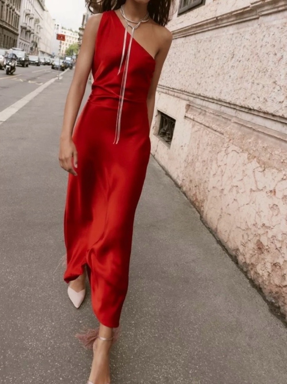 Zara Red One-Shoulder Satin Maxi Dress